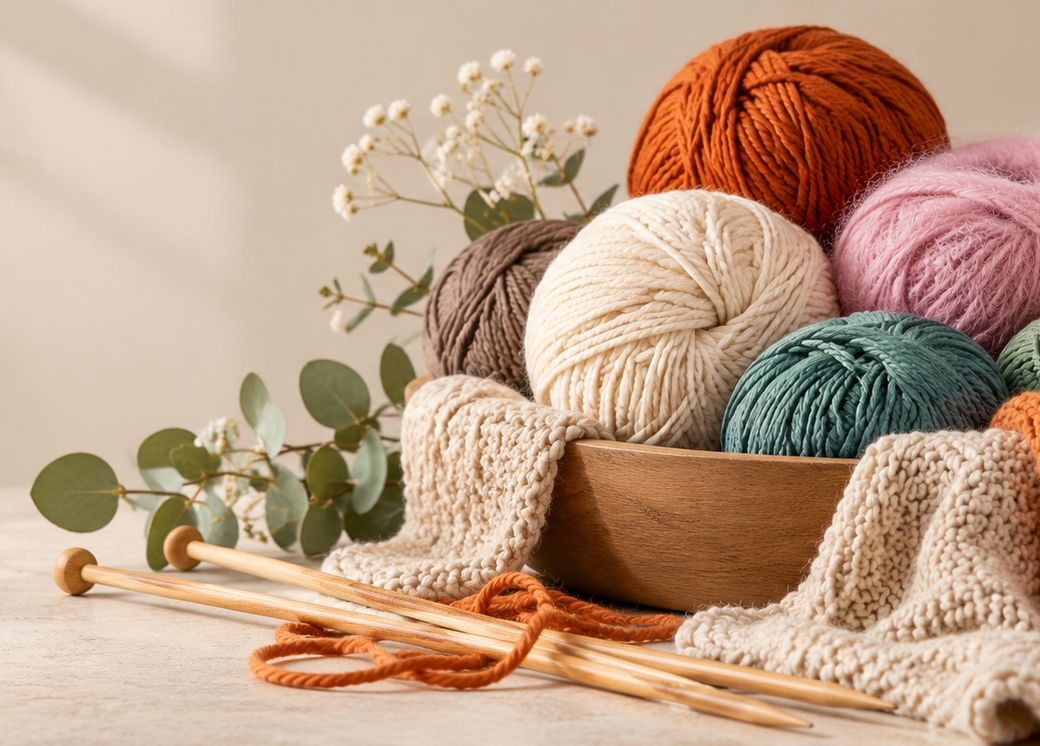 Nystan i ull och mohair i en träskål med stickor och stickade plagg